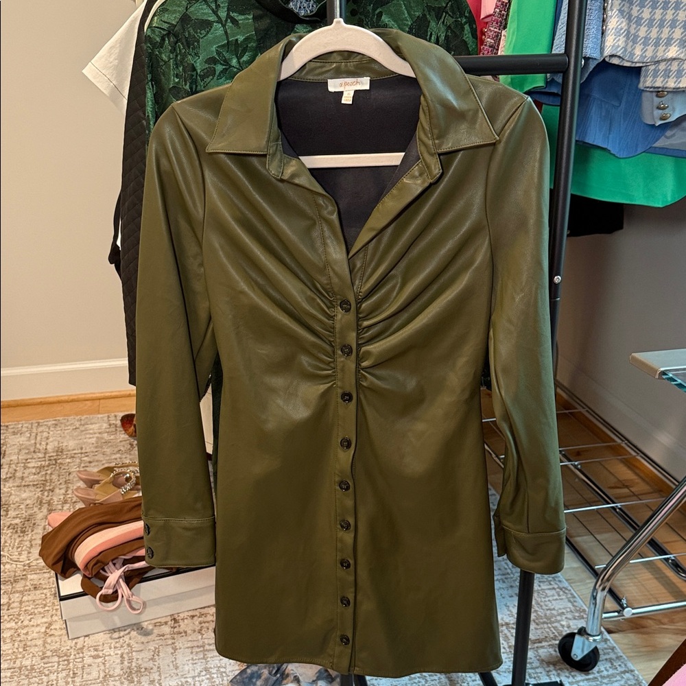 Green Button-Up leather Dress
